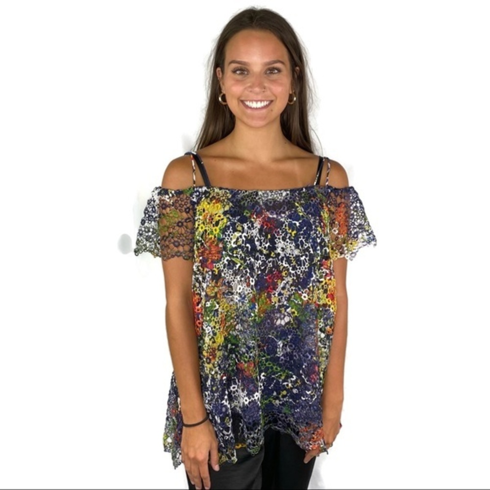 Alberto Makali Navy Floral layered off Shoulders Top Spaghetti Straps